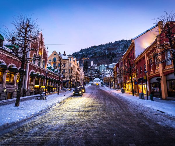 Bergen, Norway - December 27, 2014: evening the streets of Bergen at Christmas, Norway