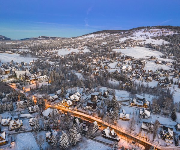 Zakopane Winter Capital of Poland. Aerial Drone Panoramic View at Sunrise.